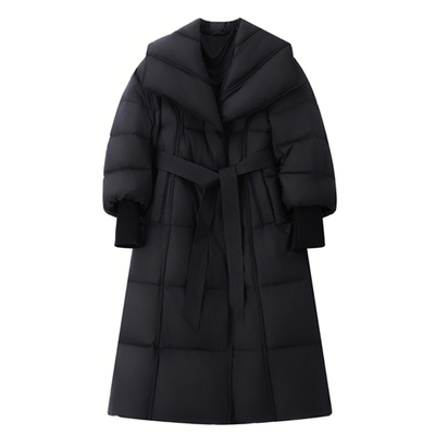 黑色系带翻领长过膝外套2025年新款女装冬季修身收腰长款羽绒服女