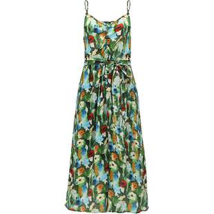 COCOBELLA油画风印花抽褶吊带裙女飘逸气质连衣裙沙滩长裙FR565