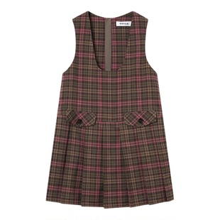 RBIGX瑞比克童装秋季新款优雅甜美设计感粉咖格百褶连衣裙