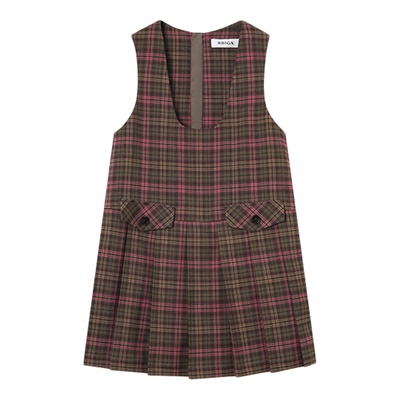 RBIGX瑞比克童装秋季新款优雅甜美设计感粉咖格百褶连衣裙