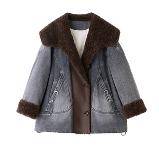 复古羊羔毛拼接牛仔羽绒服女2025冬季新中长款宽松保暖白鸭绒外套