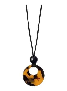 长款豹纹挂脖圆环吊坠黑绳项链