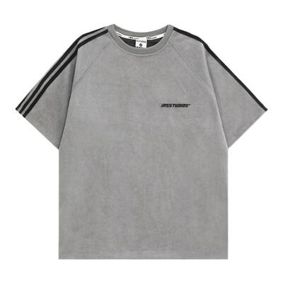 NOPASS 国潮牌情侣原创美式条纹麂皮绒短袖宽松休闲三条杠圆领T恤