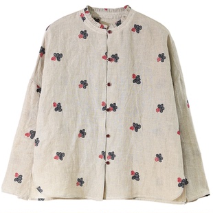 GESGOO雨露麻亚麻衬衫女早春新品刺绣木耳边法式衬衣干爽舒适透气