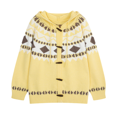 YUZI鱼子费尔岛连帽针织开衫大码