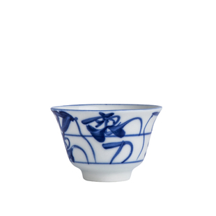 景德镇瓷玉轩陶瓷茶具古窑手绘青花老茶花刀字纹白釉马蹄杯品茗杯