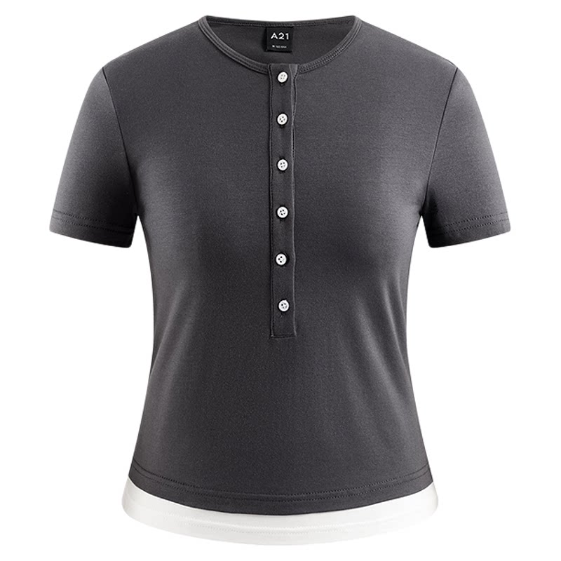 A21女装半开圆领短袖T恤撞色假两件显瘦上衣简约百搭