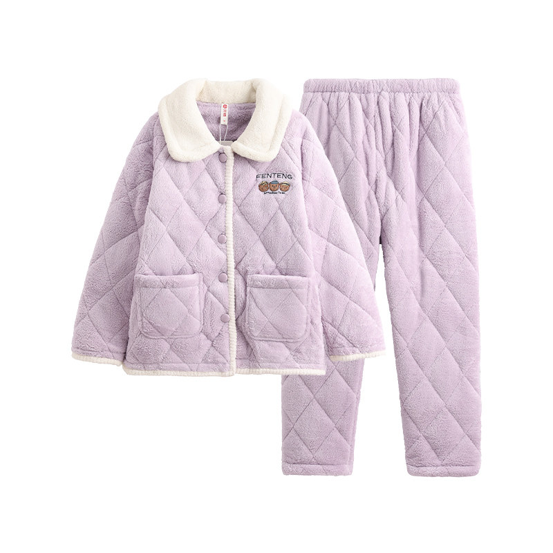 芬腾冬季珊瑚绒夹棉情侣睡衣男女士三层加厚抗静电家居服棉袄套装