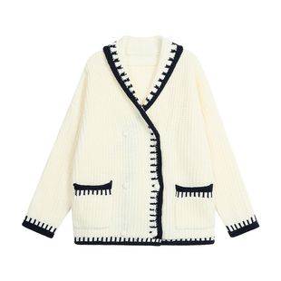 NEVA HU【现货6.5折】撞色V领羊毛针织开衫女宽松卷边保暖外套