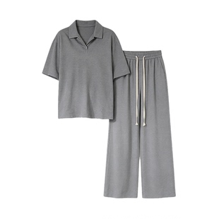 慵懒风纯棉POLO领纯灰色短袖长裤套装女夏季舒适高级感家居服睡衣