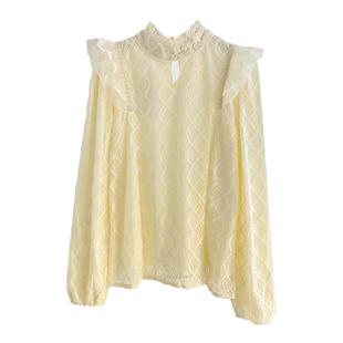 加绒加厚木耳立领灯笼袖蕾丝衬衫女秋冬法式宫廷风气质小衫上衣杏