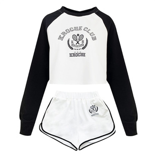 Kroche 撞色刺绣图案卫衣短裤运动显瘦网球风套装2023春夏款新款