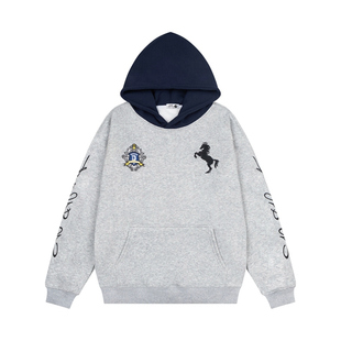 VIGB 原创国潮美式复古徽章战马刺绣拼色连帽加绒卫衣男女帽衫潮