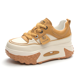 红色内增高老爹鞋女款2026春秋季网红真皮女士休闲运动松糕单鞋子