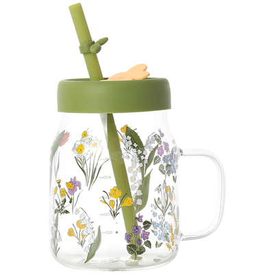 蓝莲花玻璃日式吸管杯