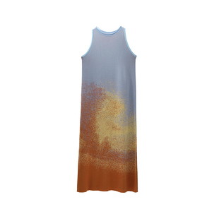 有耳uare原创设计 火烧云 渐变色罗纹卷边长裙天丝针织背心连衣裙