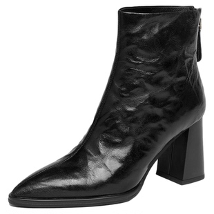 星期六冬季高跟鞋女尖头粗跟法式复古不累脚加绒通勤舒适气质短靴