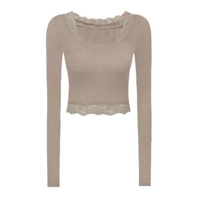 Mess Studio 辣妹设计感修身显瘦短款蕾丝拼接浅绿色长袖上衣女春