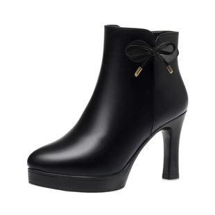 新款职业旗袍模特高跟鞋防水厚底短筒气质走秀鞋加绒舒适百搭棉靴