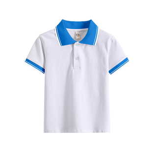 初中实验小学校服蓝领白色短袖T恤定制校徽班服上衣纯棉polo衫35