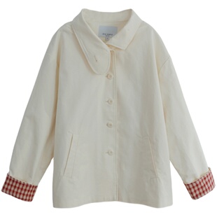 花吉B832白色袖口撞色格纹短款翻立领风衣女2026新款秋宽松外套