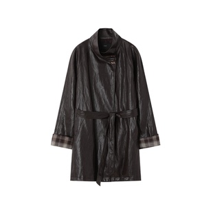 XWI欣未美拉德咖色PU皮风衣女秋冬新款立领拼接格纹中长款外套