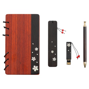 红木质复古典中国风书签樱花黄铜金属签字笔记事本U盘套装 古风文创实木制简约流苏diy精美礼物创意定制刻字