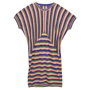 阁兰秀2025年夏秋新品短袖桃心领连肩袖彩条间色针织连衣裙女装