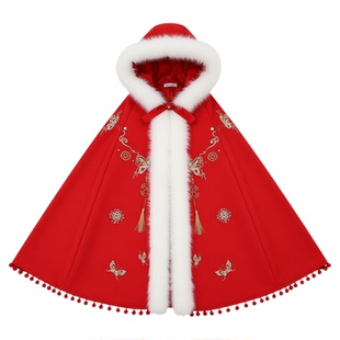 女童冬季加绒加厚披风中国风宝宝喜庆拜年汉服重工刺绣斗篷可伸手