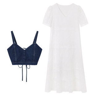 花总吖 牛仔绑带吊带连衣裙套装女2022夏新款时尚甜美白色初恋裙