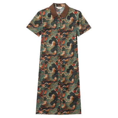 妙采长款复古印花连衣裙