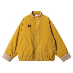 黄色灯芯绒加厚短外套女冬季新款宽松显瘦拉链立领羊羔毛长袖棉服