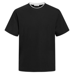 楼高素衣【假两件】100高支丝光长绒棉简舒适圆领复古撞色短袖T男