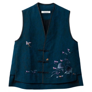 一丝牵 重工刺绣100%桑蚕丝香云纱龟纹V领真丝马甲女国风开衫外套