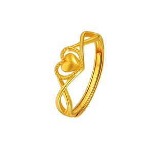 老庙黄金足金999心形麻花戒指5G工艺可调节表白礼物送女友