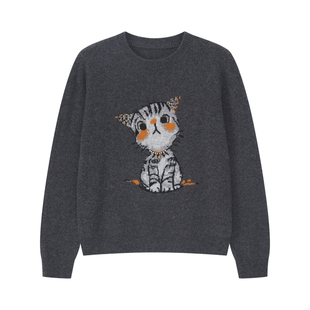 艾文文IRIS招财猫2026秋冬新款女装100绵羊毛卡通减龄毛衣针织衫