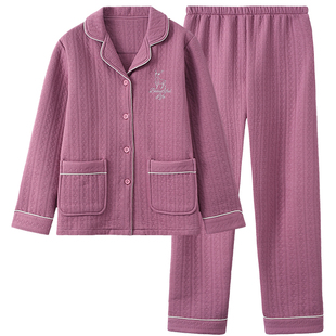 秋冬季加厚纯棉睡衣妈妈款女士全棉长袖家居服保暖薄夹棉夹层套装