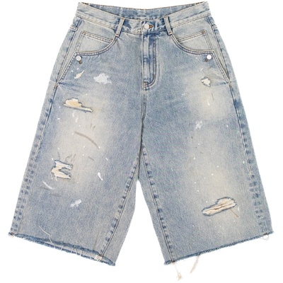 存世脏洗破洞须边七分牛仔裤