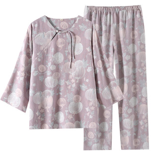 新中式国风睡衣女士套装春秋季色织纯棉双层纱布九分袖长裤家居服