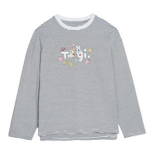 Tagi.哈哈爆米花小狗印花宽松落肩条纹宽松卡通长袖棉质T恤