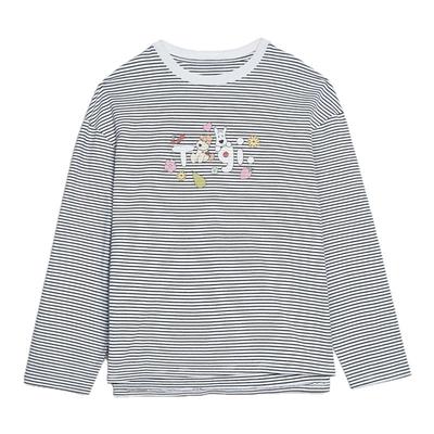 Tagi.哈哈爆米花小狗印花宽松落肩条纹宽松卡通长袖棉质T恤