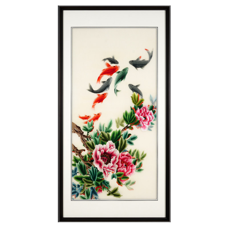 中国风玄关走廊九鱼富贵刺绣画
