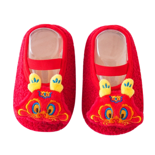 婴儿地板袜子冬天款加绒加厚保暖防滑大红鞋袜宝宝过新年袜学步鞋