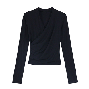 NEVA HU 深度沦陷 气质V领交叉长袖T恤女设计感修身针织打底上衣