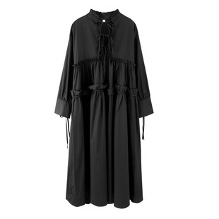 山本耀司风裙暗黑系连衣裙春夏设计感压褶纽扣中长款大裙摆连衣裙