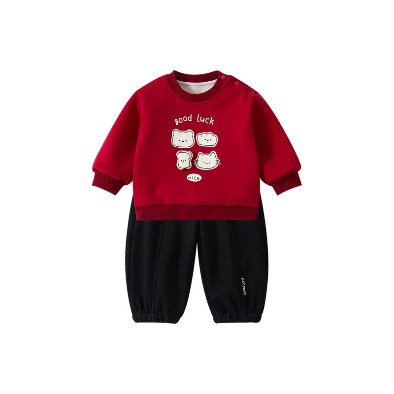 秋冬婴幼儿加绒加厚卫衣牛仔裤套装男女宝宝一周岁红色保暖两件套
