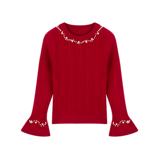 Amybaby女童上衣冬季2025新款圆领时尚不规则珍珠喇叭袖针织上衣