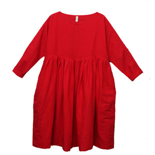 布麻范原创 复古范儿田园派高腰线文艺宽大长袖红色连衣裙 讨喜