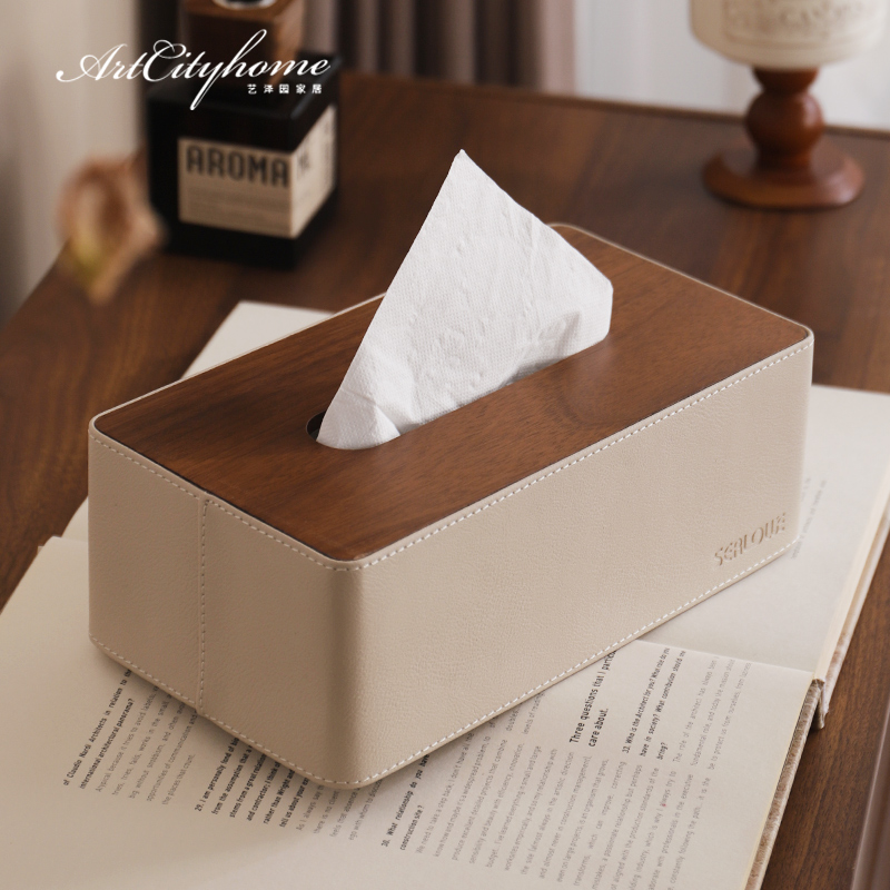 新中式胡桃木纸巾盒实木抽纸盒客厅家用民宿餐桌木质皮革装饰摆件