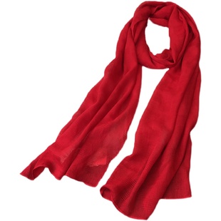 红色围巾女秋新品薄款长条细窄丝巾棉麻韩版百搭空调护颈围脖纱巾